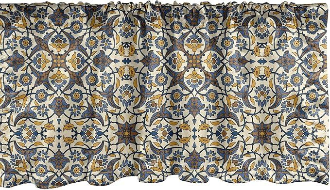 Ambesonne Turkish Pattern Window Valance, Flowers in and Traditional Style, Curtain Valance for Kitchen Bedroom Decor with Rod Pocket, 54" X 18", Earth Yellow Slate Blue