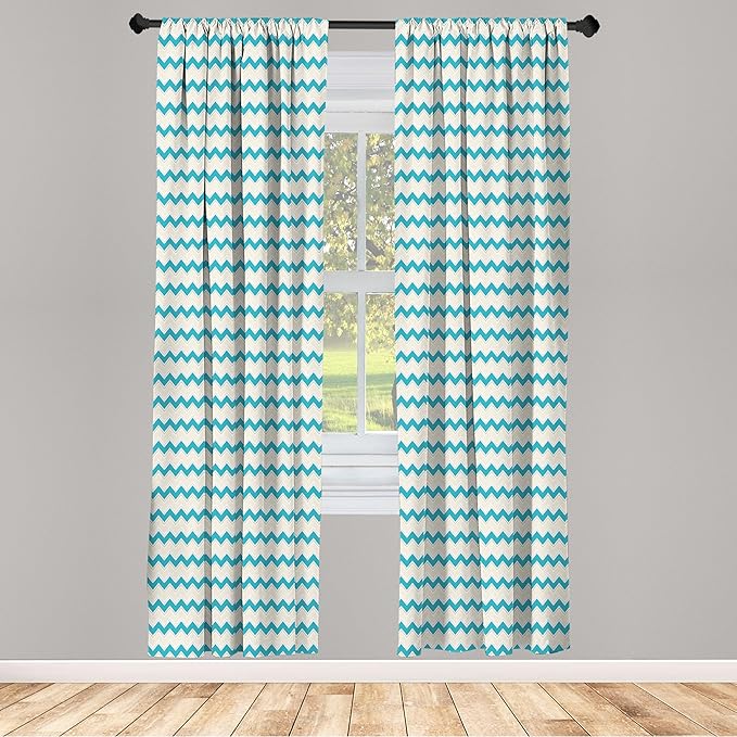Ambesonne Teal Curtains, Horizontal Zigzag Lines Chevron Triangles Pattern Simple Classical Geometric Design, Window Treatments 2 Panel Set for Living Room Bedroom, Pair of - 28" x 95", Cream Teal