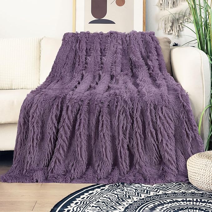 Tuddrom Decorative Extra Soft Fuzzy Faux Fur Throw Blanket 50" x 60",Solid Reversible Long Hair Shaggy Blanket,Fluffy Plush Comfy Microfiber Fleece Blanket for Couch Sofa Bedroom,Patrican Purple