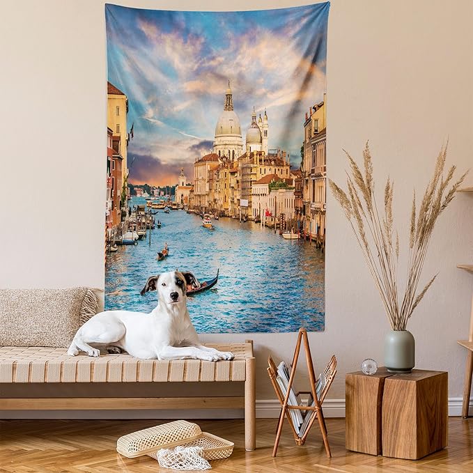 Ambesonne Scenery Tapestry, Gondola on Famous Grand Canal with Romantic View of Italian Architecture Venice, Wall Hanging for Bedroom Living Room Dorm Decor, 60" X 80", Multicolor
