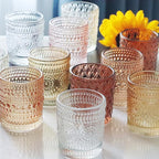 12 pcs Glass Votive Candle Holders, 6 Colors 3 Patterns Tealight Candle Holders for Fall Wedding Table Centerpiece Birthday Decoration