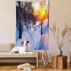 Ambesonne Nature Tapestry, Sunset in a Winter Park Russia Sun Rays Through Trees Pathway to Forest, Wall Hanging for Bedroom Living Room Dorm Decor, 40" X 60", Amber Brown