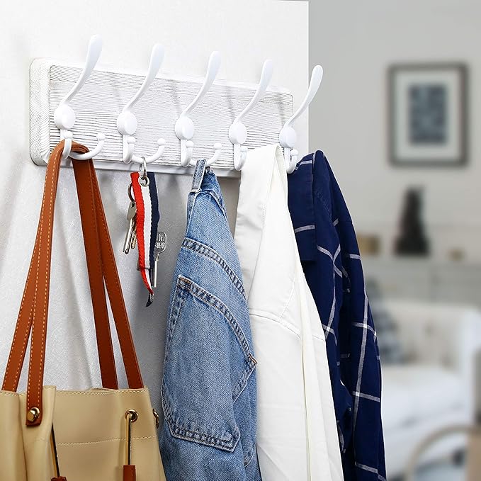 WEBI Coat Rack Wall Mounted,Wood Coat Hooks Wall Mount,16" Hole to Hole,Large Coat Hanger Wall Hook Rack,5 Triple Hooks for Hanging Coats,Hats,Jacket,Clothes,Entryway,White,2 Packs