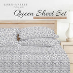 Linen Market Double-Brushed Patterned Microfiber Queen Sheet Set 4 Piece – Oeko-TEX Certified Ultra Soft & Wrinkle-Free - 16" Deep Pocket Sheets - Easy Care Queen Size - Burst of Vines Navy