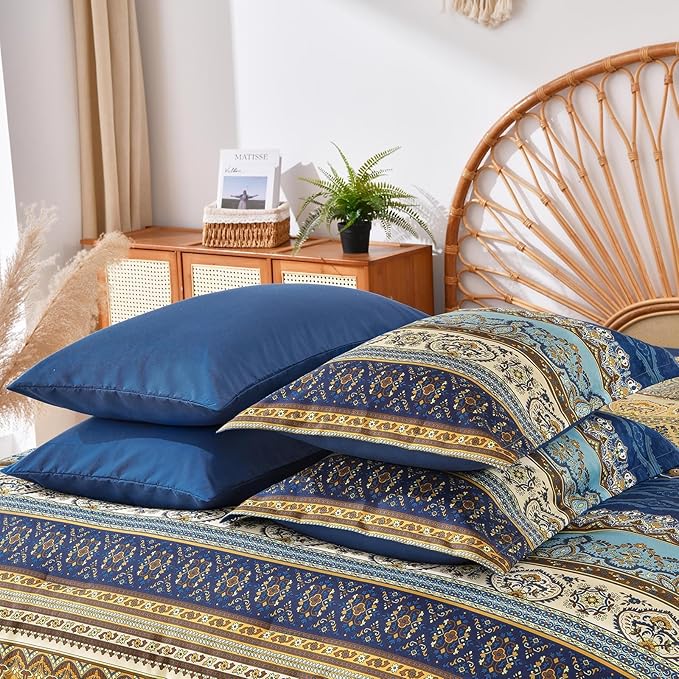 Cottolester Boho Queen Comforter Set 8 Pieces,Brown Blue Bohemian Comforter Paisley Striped Bed in A Bag,Soft Microfiber Bedding Set for All Season