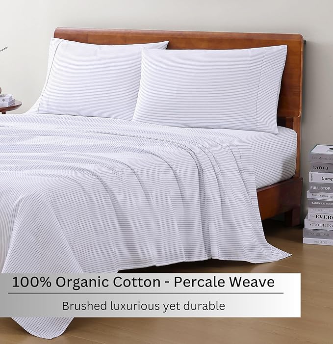 LANE LINEN 100% Organic Printed Cotton Sheets Twin Size, Classic Ticking Stripe Print (Available in Variety of Prints) Soft & Comfy Low Pill Fade Resistant Naturally Cooling Machine wash Twin Sheets