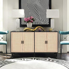 Finnhomy 4 Door Sideboard Buffet Cabinet, Kitchen Storage Cabinet with Rattan Decorated Doors, Cupboard Console Table, Boho Accent Liquor Cabinet, Bar Cabient, 62.3X 15.7X 34.6 Inches, Black