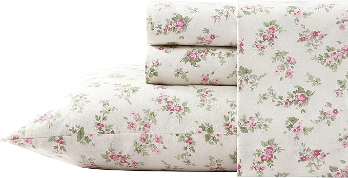 Laura Ashley Home | Flannel Collection | Premium Ultra Soft Cozy Lightweight Cotton Flannel Bedding Sheet Set, Wrinkle, Anti-Fade, Stain Resistant & Hypoallergenic, Twin, Audrey Pink (201589)