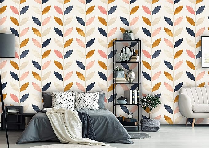 Removable Peel 'n Stick Wallpaper, Self-Adhesive Wall Mural, Rose Gold Blue Floral Pattern, Nursery Baby’s Room Decor • Scandinavian Design (24"W x 144"H Inches)