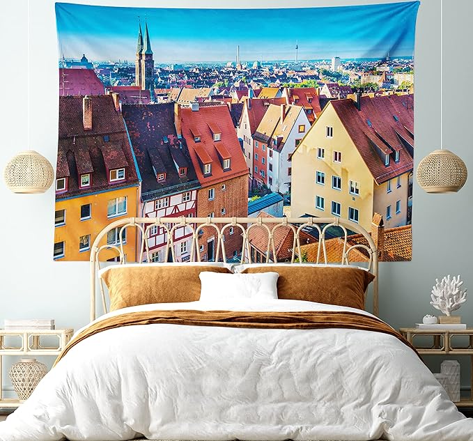 Lunarable City Tapestry, Aerial View of Historical German Town Nuremberg Skyline with Old Buildings View Print, Fabric Wall Hanging Decor for Bedroom Living Room Dorm, 45" X 30", Vermilion Aqua