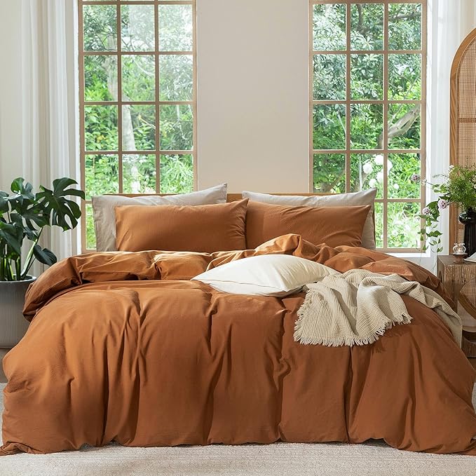MooMee Bedding Duvet Cover Set 100% Washed Cotton Linen Like Textured Breathable Durable Soft Comfy (Solid Dark Orange, Twin 68"x90")