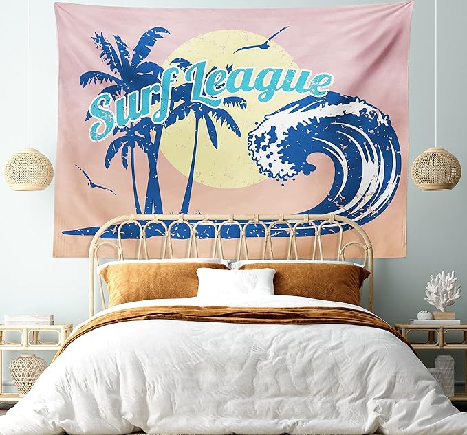 Lunarable Vintage Hawaii Tapestry, Surf League Lettering with Wave Tropical Trees and Birds Silhouettes Print, Fabric Wall Hanging Decor for Bedroom Living Room Dorm, 28" X 23", Pink Blue