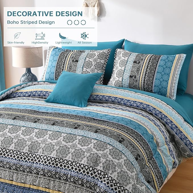 Cottolester Teal Comforter Set King Size,Boho Striped Bed in a Bag 8 Pieces,Paisley Soft Microfiber Bedding Comforter Set