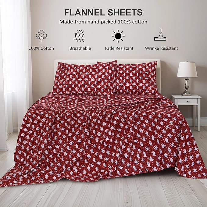 RUVANTI Flannel Sheets Full Size - 100% Cotton Double Brushed Bed Sheets Set, Deep Pockets 16 Inches, All Seasons Breathable & Extra Soft Full Sheets, Warm & Cozy, 4 Piece, Red Christmas