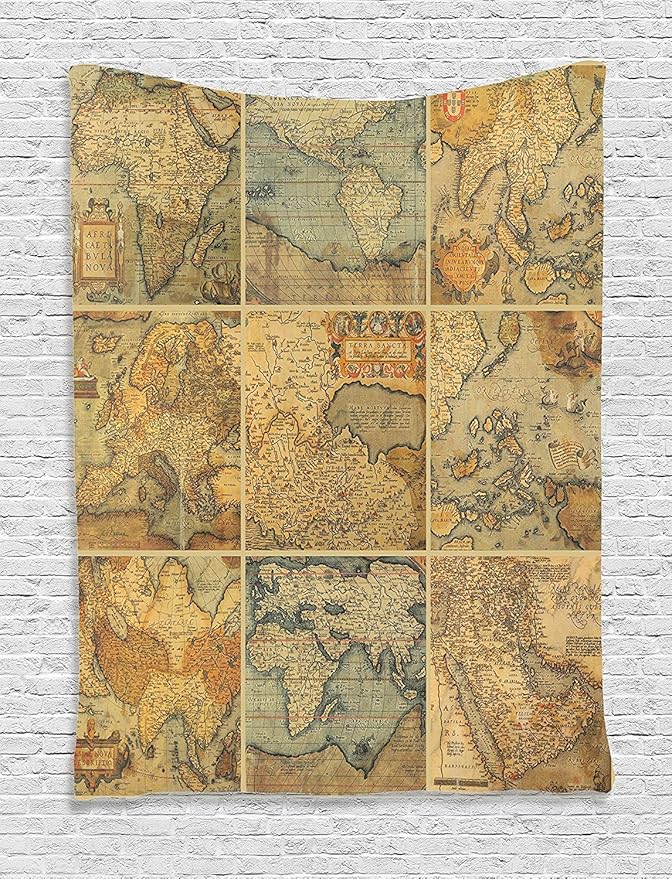 Ambesonne World Map Tapestry, Retro Rustic Collage of Antique Old Atlas Scenes Vintage Group of The Civilization Concept Print, Wall Hanging for Bedroom Living Room Dorm Decor, 60" X 80", Pastel Beige