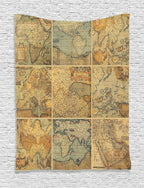 Ambesonne World Map Tapestry, Retro Rustic Collage of Antique Old Atlas Scenes Vintage Group of The Civilization Concept Print, Wall Hanging for Bedroom Living Room Dorm Decor, 60" X 80", Pastel Beige