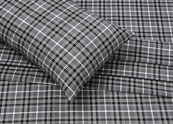 RUVANTI Flannel Sheets King Size - 100% Cotton Brushed King Size Sheets Set - Deep Pockets 16 Inches Bed Sheets - All Seasons Breathable & Extra Soft - Warm & Cozy, 4 Piece, Grey Plaid