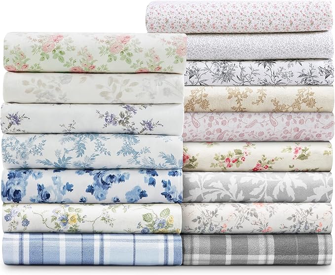 Laura Ashley - Flannel Sheets Twin Size, Anti-Pilling & Wrinkle Resistant Cotton, Touchably Soft for All-Season Comfort - Bed Sheets with Matching Pillowcase & Fitted Sheet (Faye Toile Black)