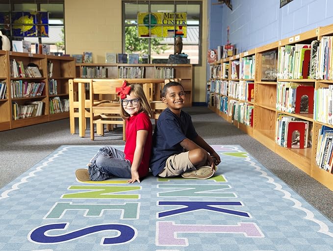 Flagship Carpets Schoolgirl Style Sprinkle Kindness Educational Area Rug for Kids Room Seating Décor, Children's Classroom, Play Carpet for Teaching and Playroom, 7'6" x 12', Blue