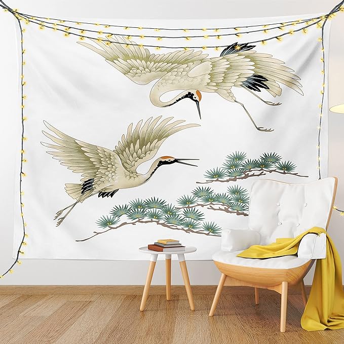 Lunarable Bird Tapestry Twin Size, 2 Japanese Cranes Flying Traditional Painting Style Far Eastern Illustration, Wall Hanging Bedspread Bed Cover Wall Decor, Twin Size, Ivory Green Black