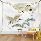 Lunarable Bird Tapestry, 2 Japanese Cranes Flying Traditional Painting Style Far Eastern Illustration, Fabric Wall Hanging Decor for Bedroom Living Room Dorm, 30" X 45", Ivory Green Black