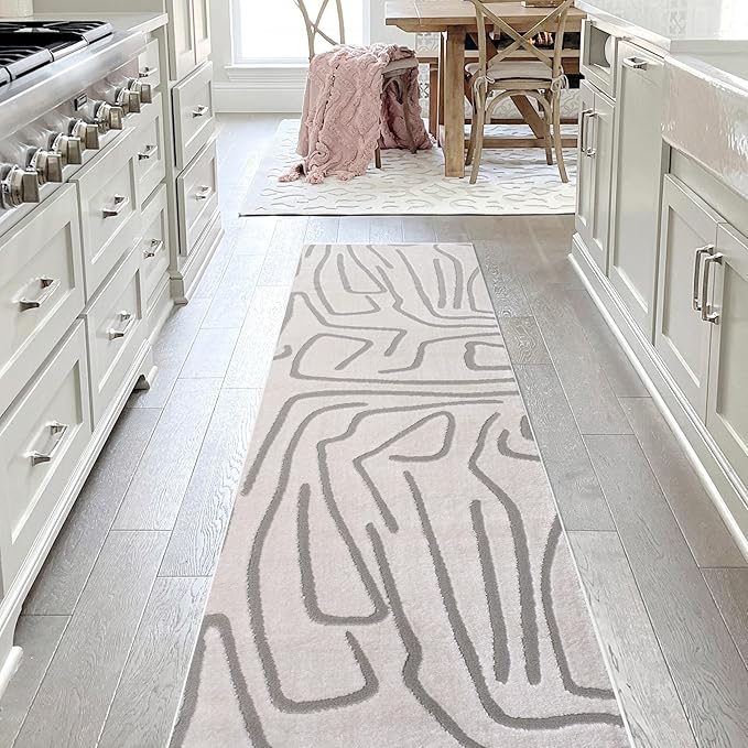 JONATHAN Y Graphic Lines High-Low Runner Rug 2X8 White/Light Gray, Alcina Modern Scandinavian for Living Room, Bedroom, Kitchen, Easy-Cleaning, High Traffic, Pet-Friendly, Non-Shedding SND102C-28