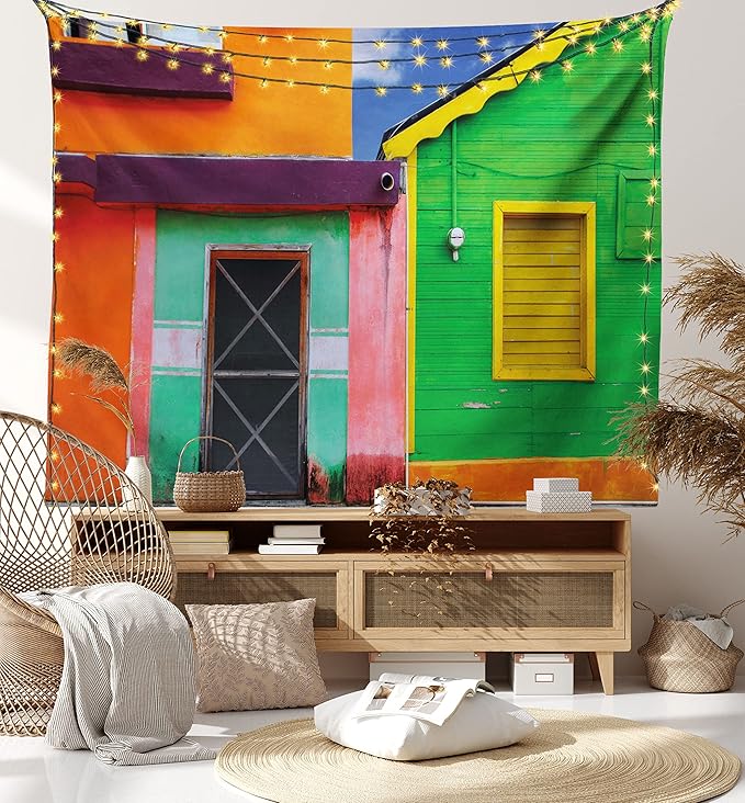 Lunarable Mexican Tapestry Twin Size, Caribbean Houses in Vibrant Color Scheme in Isla Mujeres Mexico Latin America Photo, Wall Hanging Bedspread Bed Cover Wall Decor, Twin Size, Green Pink