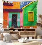 Lunarable Mexican Tapestry Twin Size, Caribbean Houses in Vibrant Color Scheme in Isla Mujeres Mexico Latin America Photo, Wall Hanging Bedspread Bed Cover Wall Decor, Twin Size, Green Pink