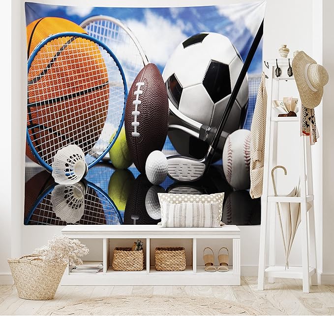 Ambesonne Sports Tapestry, Hobby Equipment Print of Football Soccer Darts Ice Hockey Baseball and Basketball Themed Print, Wide Wall Hanging for Bedroom Living Room Dorm, 80" X 60", Black Orange Blue