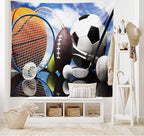 Ambesonne Sports Tapestry, Hobby Equipment Print of Football Soccer Darts Ice Hockey Baseball and Basketball Themed Print, Wide Wall Hanging for Bedroom Living Room Dorm, 80" X 60", Black Orange Blue