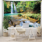 Lunarable Nature Tapestry King Size, Green Forest Waterfall and River Pool Pond Water Source Earth Landscape, Wall Hanging Bedspread Bed Cover Wall Decor, 104" X 88", Pale Brown and Green