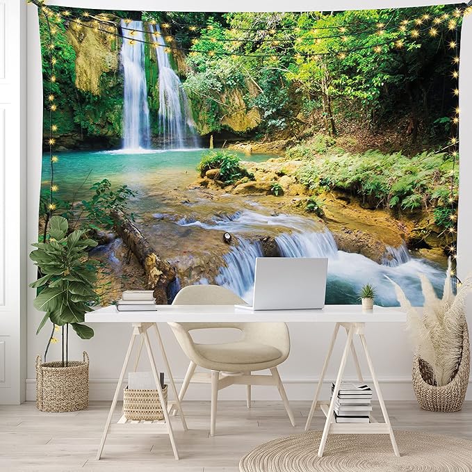 Lunarable Nature Tapestry King Size, Green Forest Waterfall and River Pool Pond Water Source Earth Landscape, Wall Hanging Bedspread Bed Cover Wall Decor, 104" X 88", Pale Brown and Green