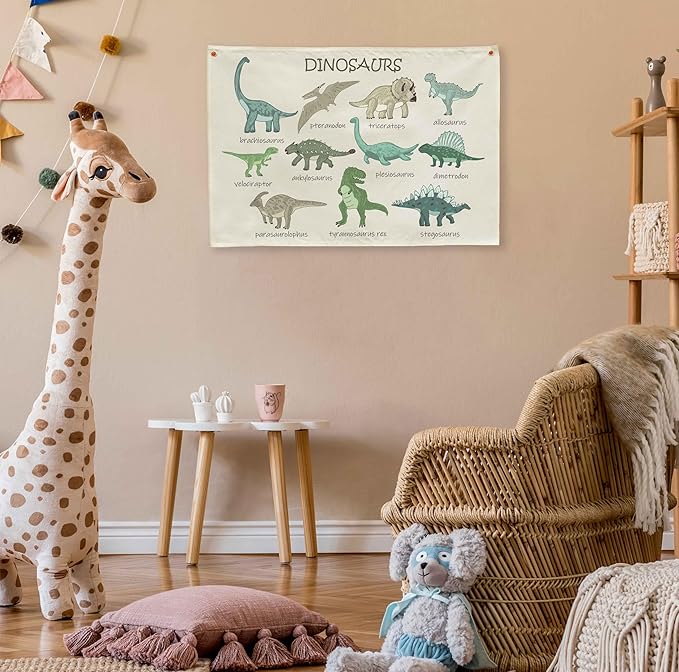 Dinosaurs Themed Rectangular Canvas Banner Flag Wall Sign Art Gift for Nursery Classroom Above Crib Bedroom Playroom Reading Room Wall Decor Baby Shower Kids Teen Birthday Christmas Gift