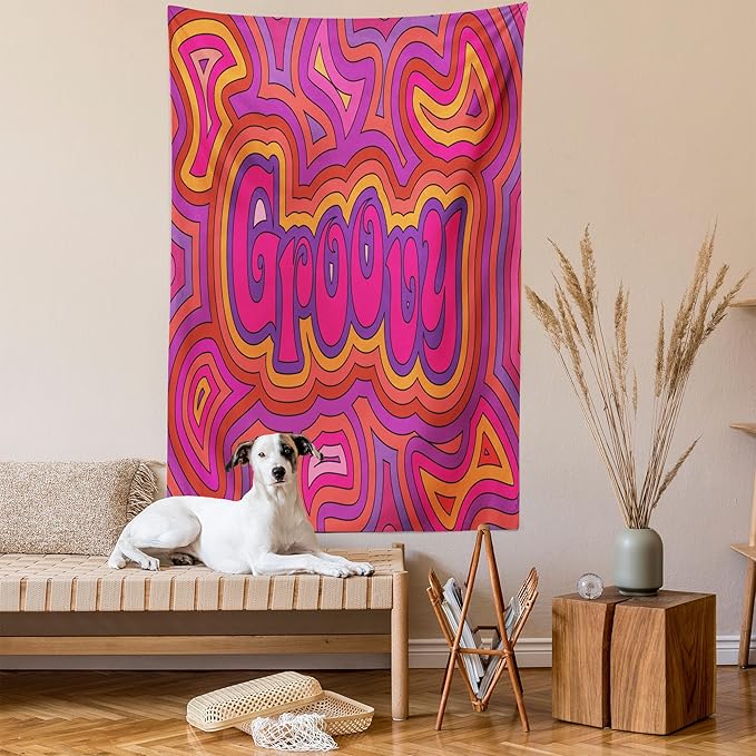 Ambesonne Groovy Tapestry, Psychedelic Groovy Design with Energeticbstract Elements Print, Wall Hanging for Bedroom Living Room Dorm, 60" X 80", Hot Pink