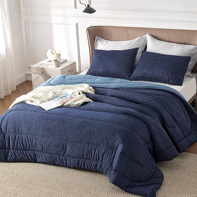 Bedsure Queen Comforter Set - Cooling and Warm Bed Set, Navy Blue Reversible Bedding for All Season, 3 Pieces, 1 Queen Size Comforter (88"x88") and 2 Pillow Cases(20"x26")