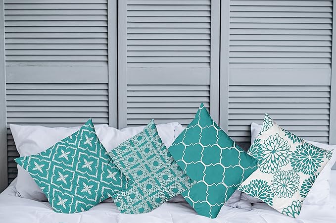 Ambesonne Vintage Throw Pillow Cushion Case Pack of 4, Monochrome Design Grid Trellis Quatrefoil Mesh and Dahlia Flowers Modern Print, Modern Accent Double-Sided Digital Printing, 24", Teal and White