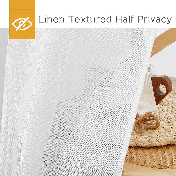 RYB HOME Sheer Linen Textured Curtains Semi Sheers Drapes Light Airy Breathable Fabric Window Decor for Patio Door Living Room Dining, White, 70 inch Width x 95 inch Length, 2 Panels