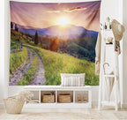 Ambesonne Landscape Tapestry, Sunset in The Mountain Landscape Rural Road Forest Countryside Wonderland Print, Wide Wall Hanging for Bedroom Living Room Dorm, 80" X 60", Green Lilac