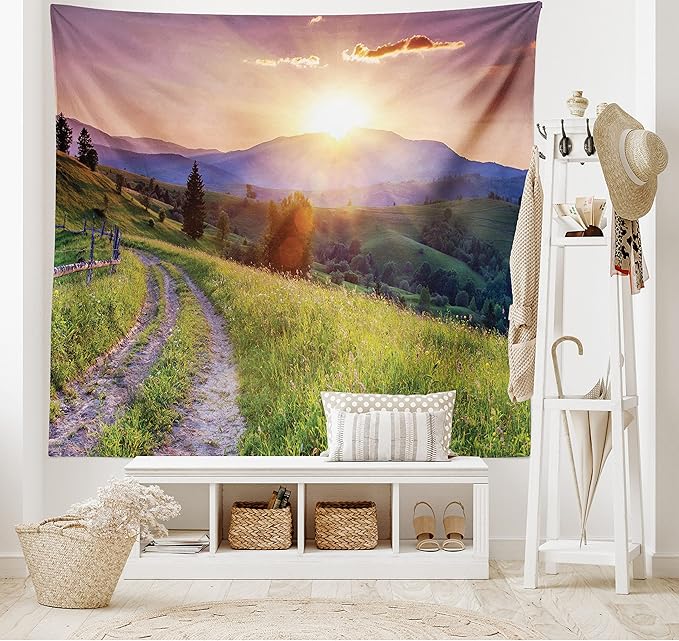 Ambesonne Landscape Tapestry, Sunset in The Mountain Landscape Rural Road Forest Countryside Wonderland Print, Wide Wall Hanging for Bedroom Living Room Dorm, 60" X 40", Green Lilac