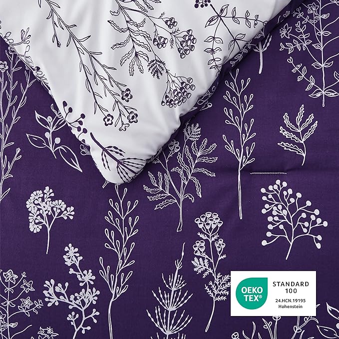 Bedsure Full Comforter Set - Dark Purple Bed Set, 3 Pieces Cute Floral Bedding, 1 Soft Reversible Botanical Flowers Comforter and 2 Pillow Shams