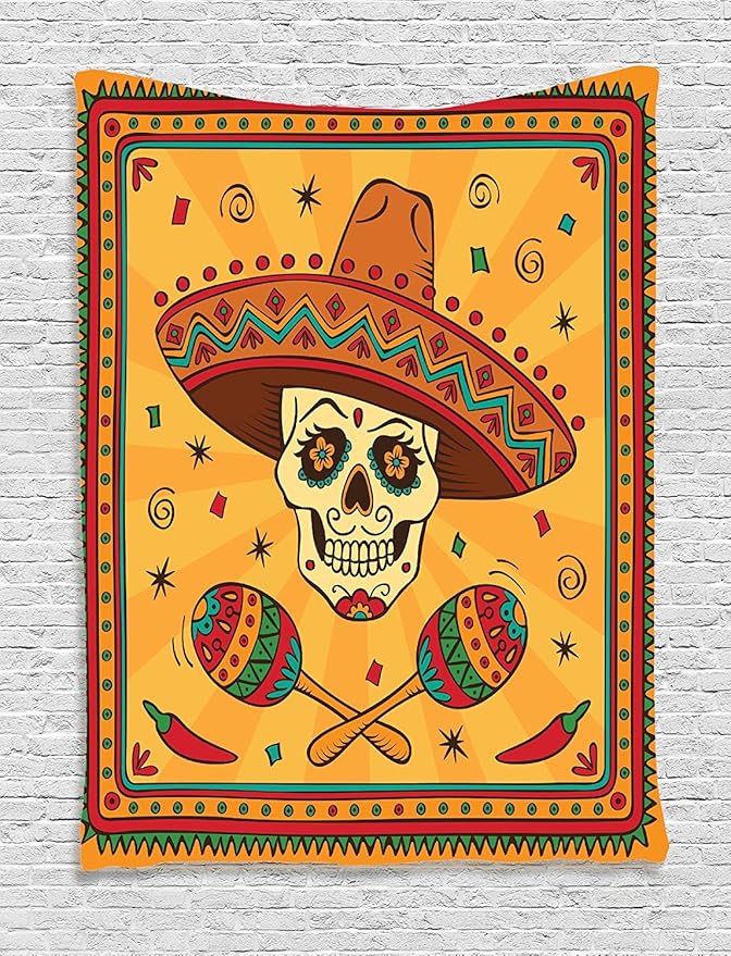 Ambesonne Mexican Tapestry, Mexican Sugar Skull Cartoon Carnival Cartoon Traditional Celebration Print, Wall Hanging for Bedroom Living Room Dorm Decor, 40" X 60", Orange Teal
