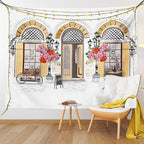 Lunarable Urban Tapestry King Size, European Coffee Shop at Paris Streets with Flowerbeds and Lanterns Romantic Print, Wall Hanging Bedspread Bed Cover Wall Decor, King Size, Beige Pink