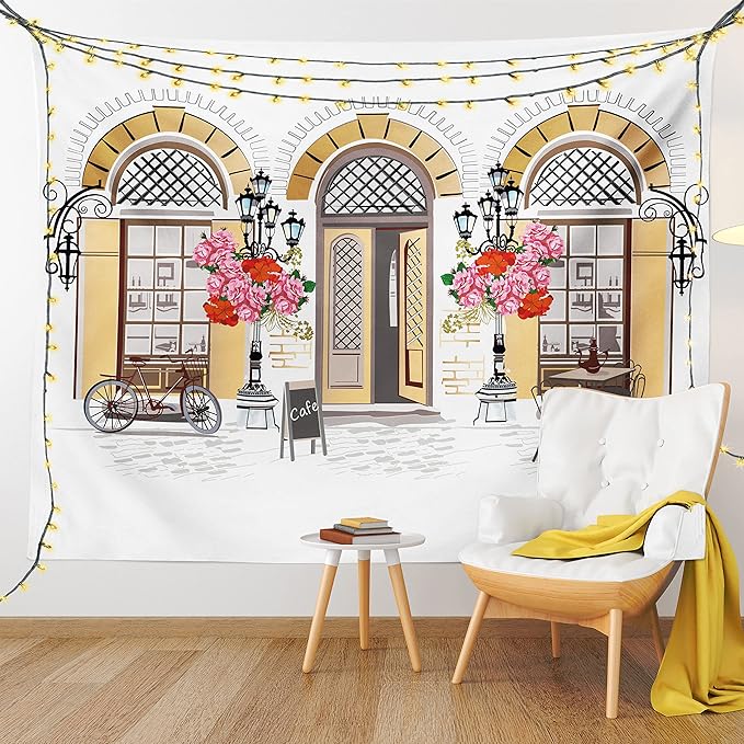 Lunarable Urban Tapestry King Size, European Coffee Shop at Paris Streets with Flowerbeds and Lanterns Romantic Print, Wall Hanging Bedspread Bed Cover Wall Decor, King Size, Beige Pink