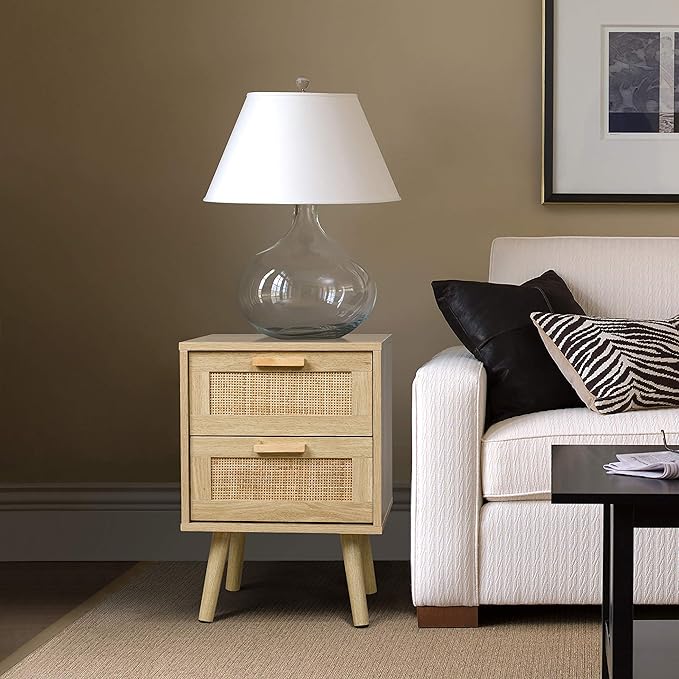 Finnhomy Nightstand, End Table, Side Table with 2 Hand Made Rattan Decorated Drawers, Wood Accent Table with Storage for Bedroom, Natural (Patented)