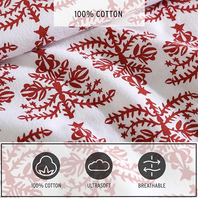 Eddie Bauer - Flannel Sheets King Size, Anti-Pilling & Wrinkle Resistant Cotton, Touchably Soft for All-Season Comfort - Bed Sheets with Matching Pillowcases & Fitted Sheet (Jolly Trees Red)