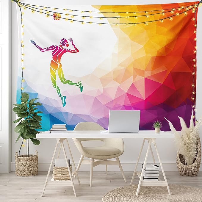 Lunarable Volleyball Tapestry, Colorful Polygonal Background Triangles Jumping Woman Striking The Ball, Wide Wall Hanging for Bedroom Living Room Dorm, 80" X 60", Purple Blue