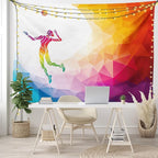 Lunarable Volleyball Tapestry, Colorful Polygonal Background Triangles Jumping Woman Striking The Ball, Wide Wall Hanging for Bedroom Living Room Dorm, 60" X 40", Purple Blue