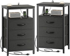 Huuger Nightstands Set of 2, 27.6 Inch End Tables with Charging Station, Bed Side Tables with Fabric Drawers, USB-C Port and Outlet, Night Stands for Bedroom, Black