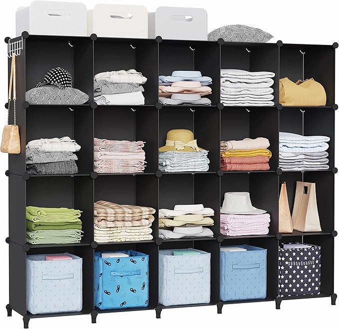 HOMIDEC 20 Black Cube Storage Organizer, Modular Storage Shelf with Hammer, Cubes Storage Bin Cabinet Closet Bookshelf for Living Room, Bedroom, Office, Each Cube Size 11.8 x 11.8 inch