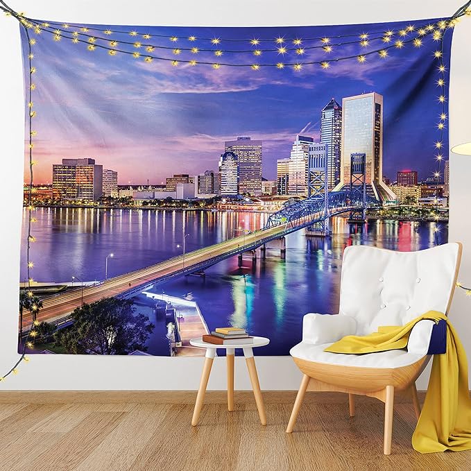 Ambesonne Urban Tapestry, Jacksonville Florida Architecture Business District Cityscape Evening Scene, Wide Wall Hanging for Bedroom Living Room Dorm, 60" X 40", Violet Blue Peach
